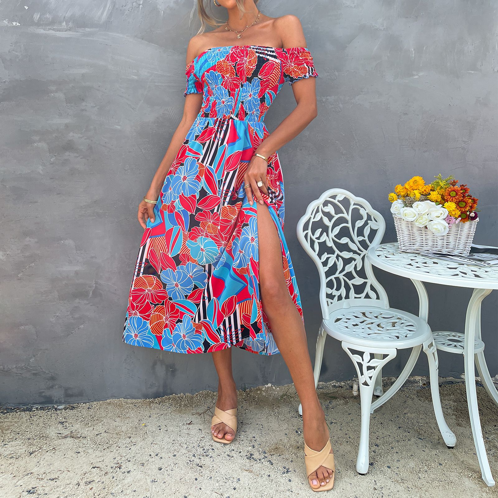 Mature Women Summer New Wrap Bust Printed Split Waist Dress