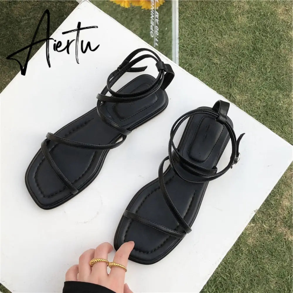 New Fashion Women Sandals Flat Heel Narrow Band Back Strap Summer Gladiator Shoes Ladies Casual Summer Beach Slides Aiertu