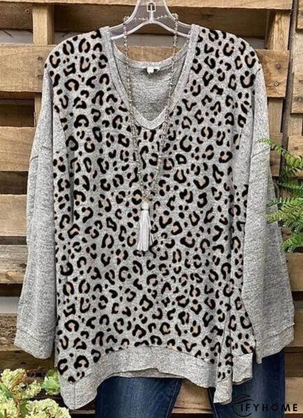 Casual Long Sleeve Color-Block Leopard Tunic T-Shirt | IFYHOME