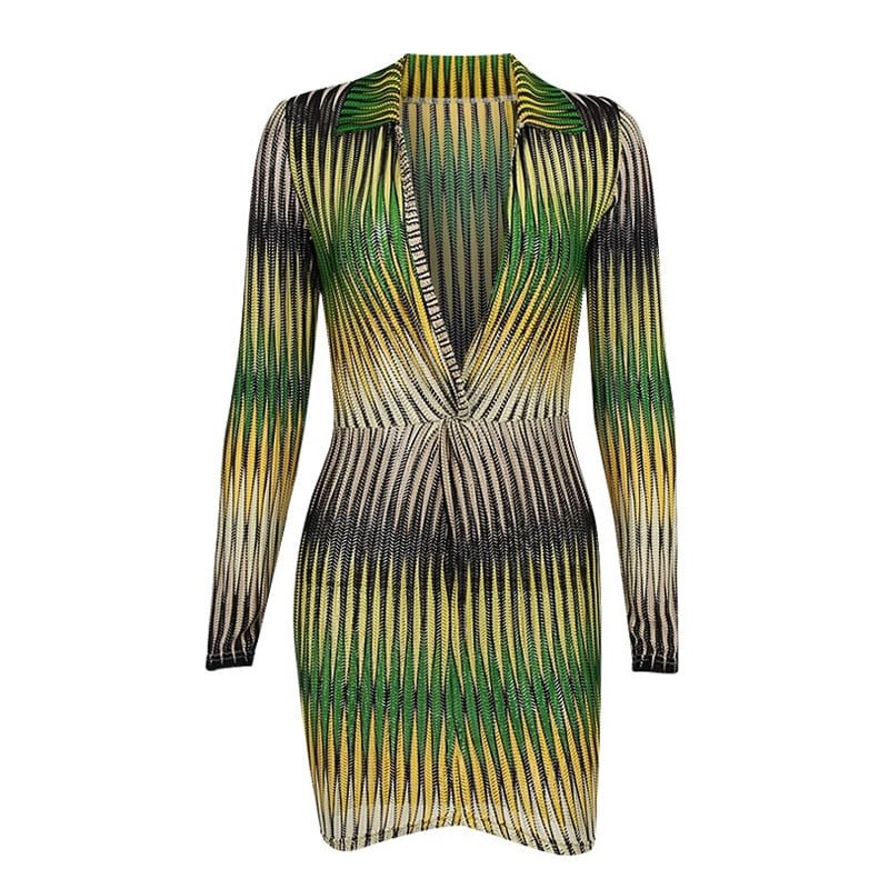 Hawthaw Women Autumn Long Sleeve V Neck Printed Gradient Bodycon Green Mini Dress 2021 Fall Clothes Wholesale Items Dropshipping