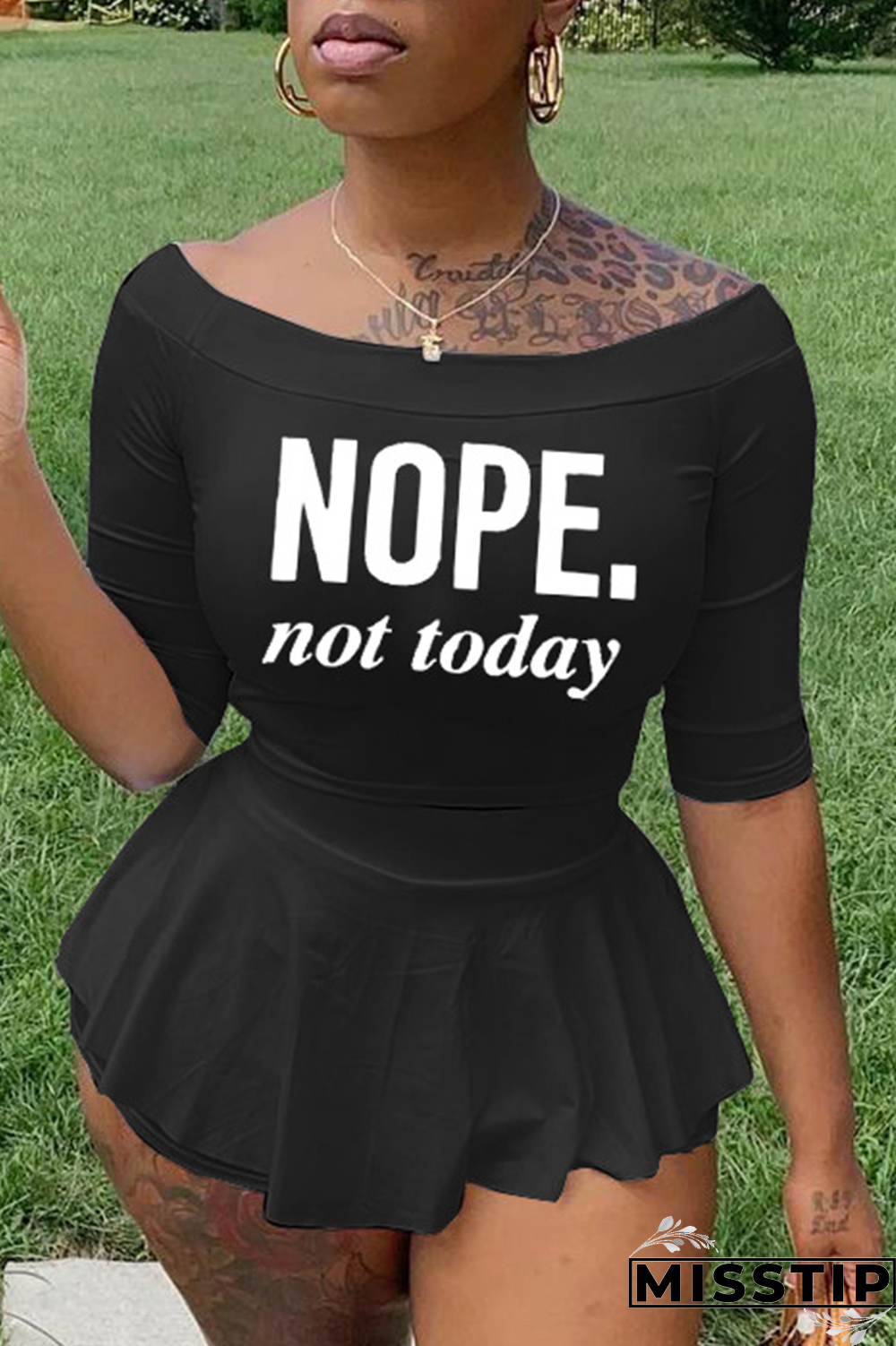 Black Fashion Print Flounce Off the Shoulder Three Quarter Two Pieces