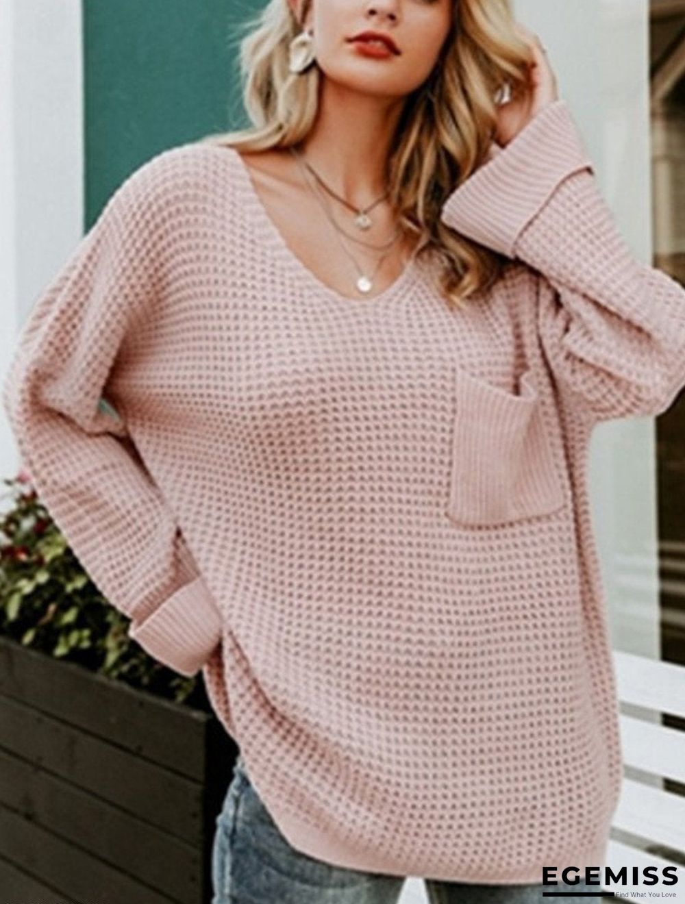 Casual Soft Pocket V-neck Long Sleeve Pullover | EGEMISS