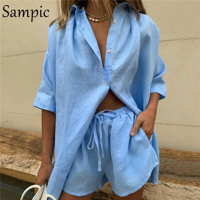 Sampic Summer Fashion Women Sets Khaki Cotton Short Sleeve Shirt Tops And Pants Two Piece Set Women Lounge Wear Outfits Suit