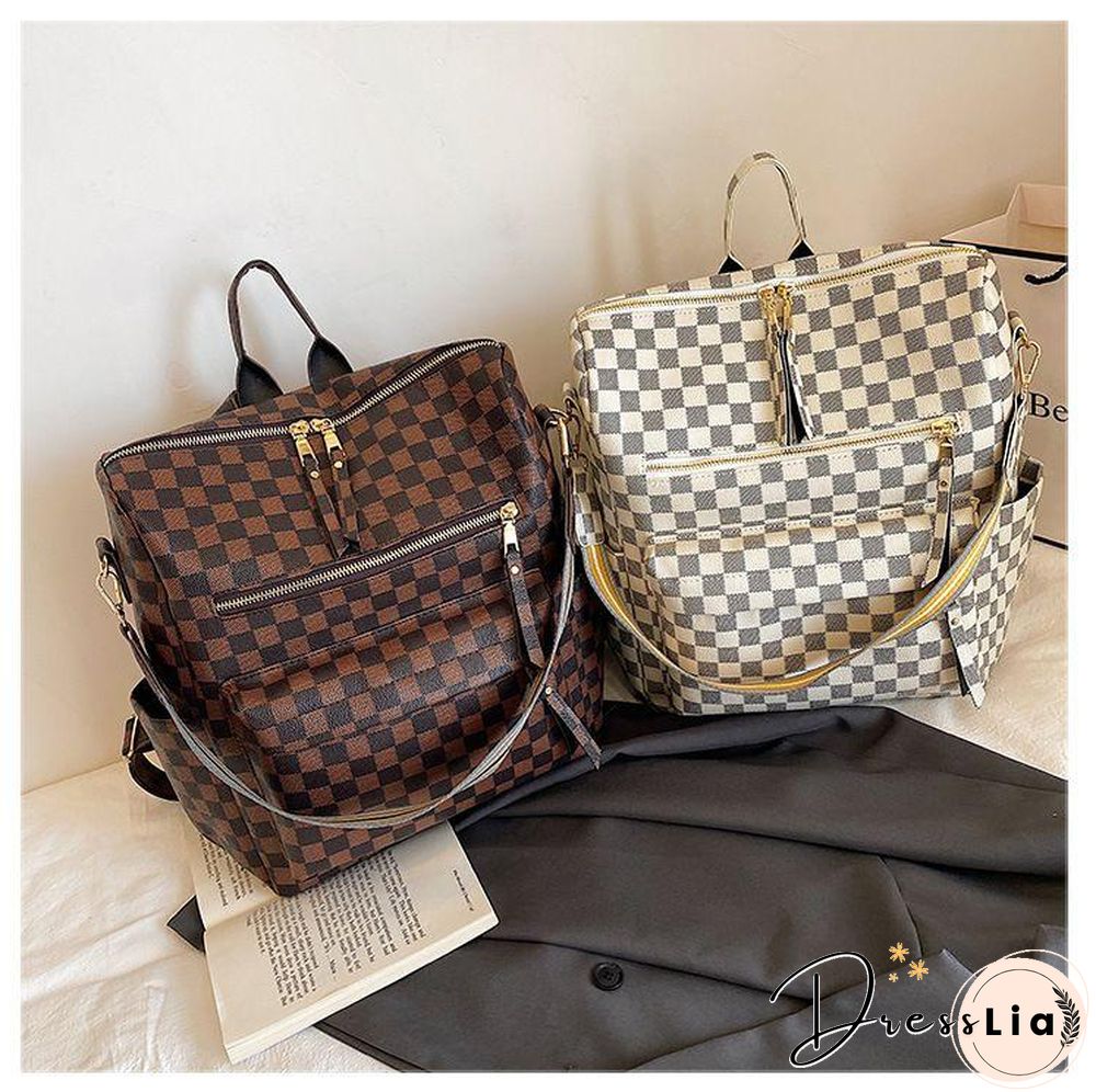 Retro Faux Leather Check Pattern Print Rucksack Vegan Backpack Tote