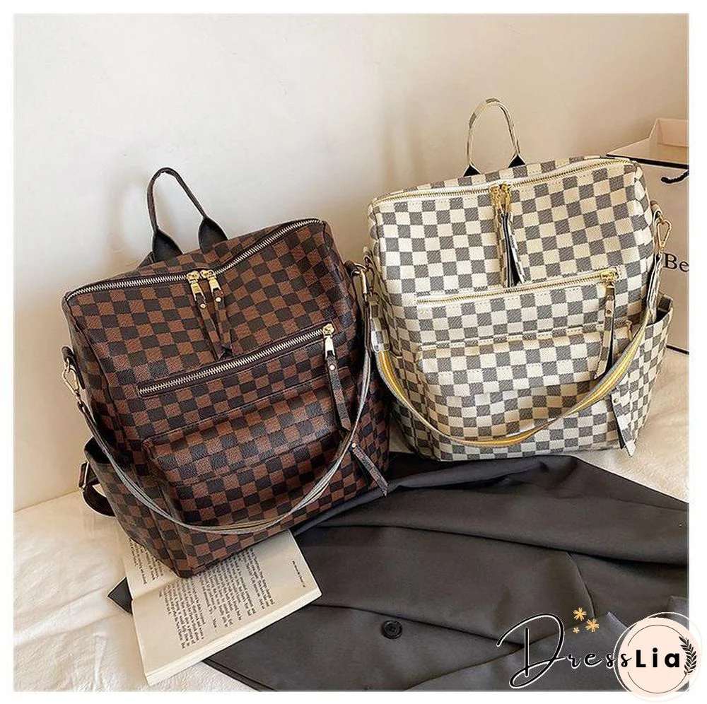Retro Faux Leather Check Pattern Print Rucksack Vegan Backpack Tote