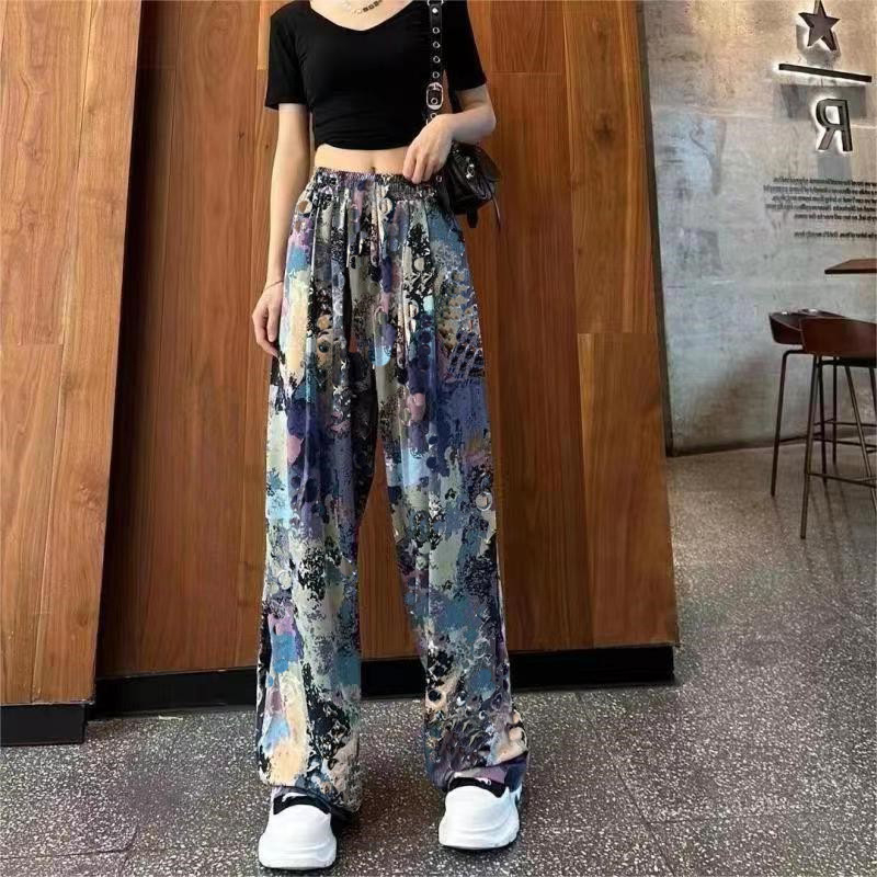Nulclover costume ideas women Summer Women's Ice Silk Loose Wide Leg Pants Fashion Personality High Waist Casual Pants Ink Tie Dyed Floor Dragging Pants