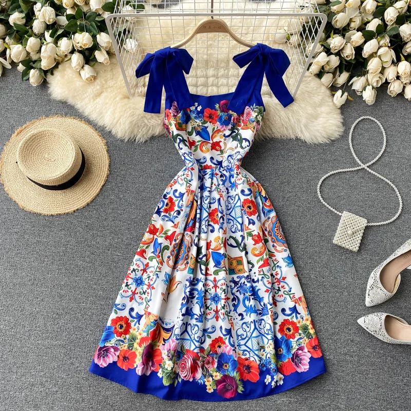 Uveng Runway Summer Bow Tank Dress 2025 New Women's Spaghetti Strap Backless Palace Floral Print Holiday Beach Dress N66878 413-0