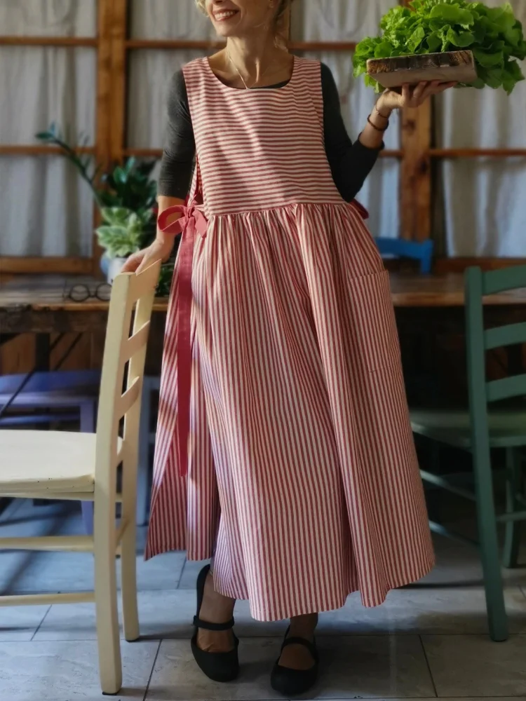 Cherry Red Striped Cotton Kitchen Apron