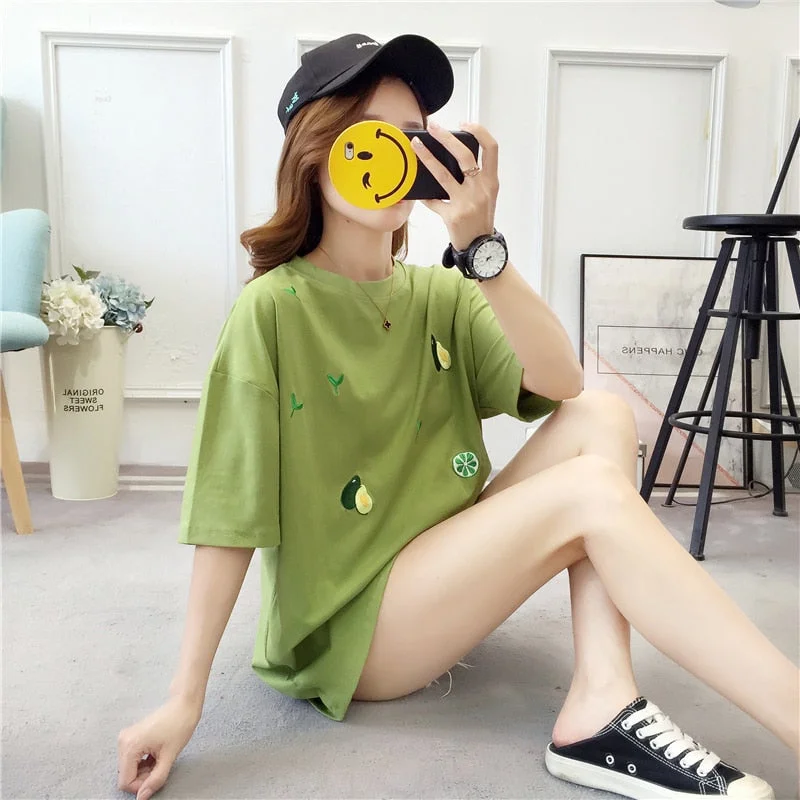 Avocado embroidery T-shirts for Women Harajuku Simple t shirt Sweet Casual Girls Loose Tees Short Sleeve Korean style white Tops