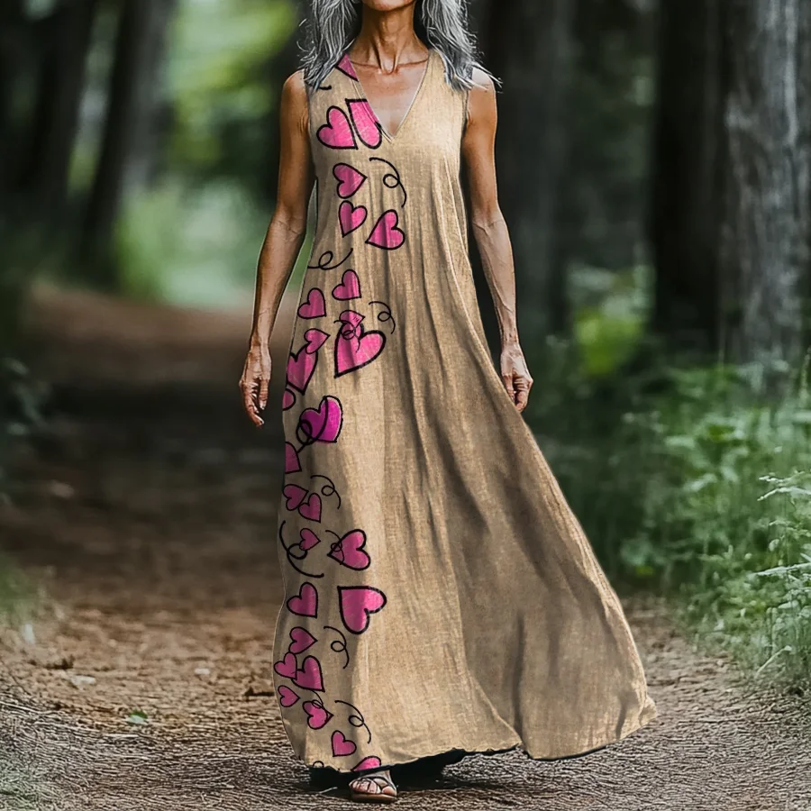 Women's Art Painting Pink Love Interesting Print V-Neck Vest Dress