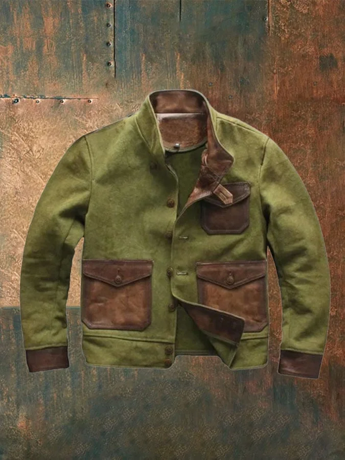 Men'S Canvas Spliced Leather Retro Jacket