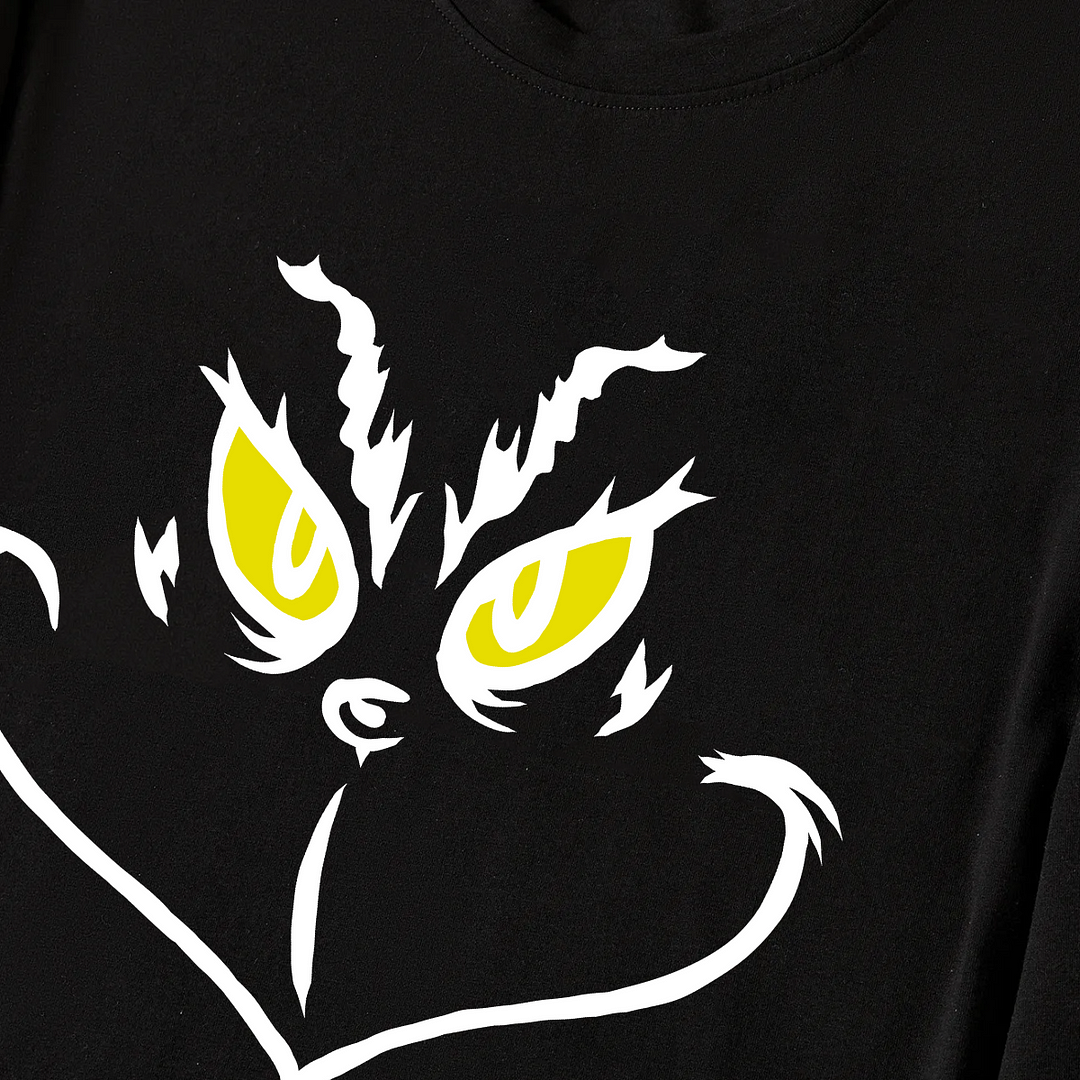 Christmas Cartoon Face Print Black Long Sleeve Top with Green and Black Plaid Family Matching Pajamas