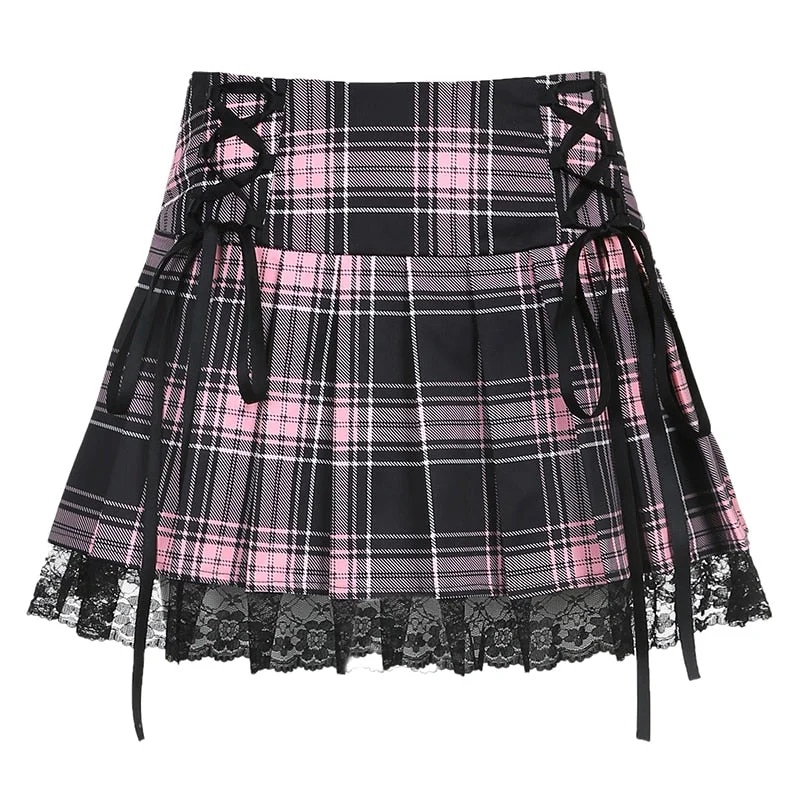 Woman Skirts Pink Pleated Skirt Lace Up Sexy Mini Punk Skirt Rave Academia Aesthetic Egirl Clothes Gothic Black Skirt Jupe Femme