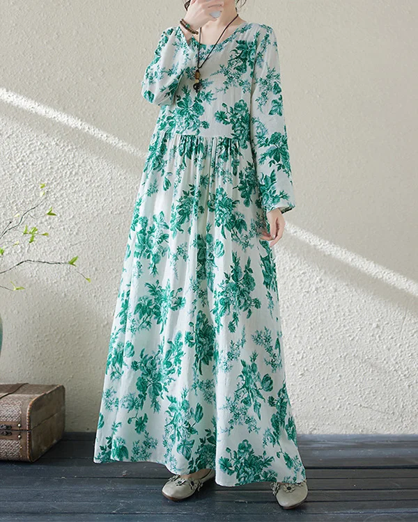 Holiday Round Neck Vintage Cotton and Linen Dress