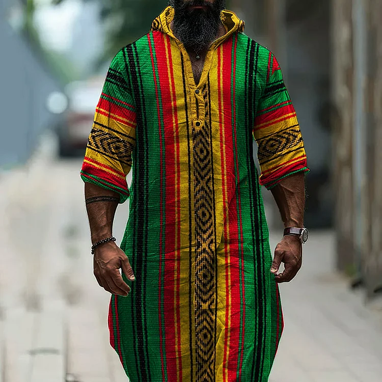 VChics Men's African Ethnic Rasta Hooded Linen Long Tunic