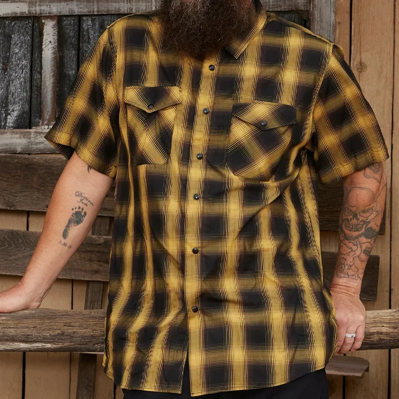 Men’s Gold, Black, And Brown Plaid Patterned Short Sleeve Bamboo Shirt