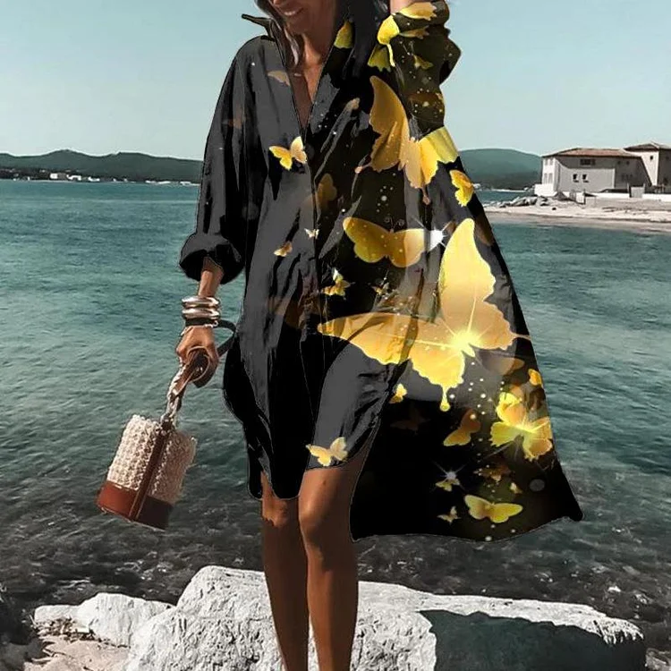 Women's  Seaside Holiday Butterfly print Loose Casual Shirt Dress