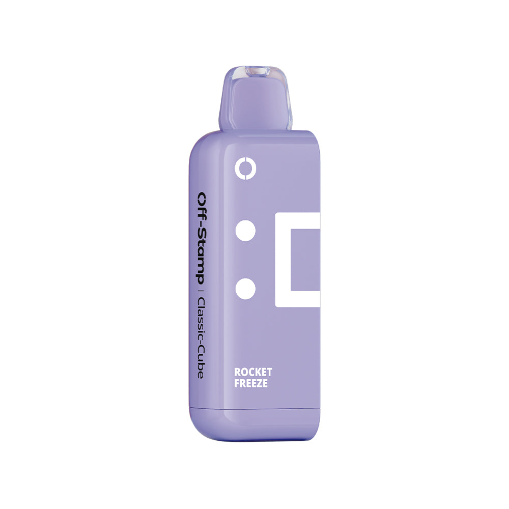 Lavender Off Stamp X-Cube Classic Cube vape, Rocket Freeze flavor. White accents, clear mouthpiece, branding.