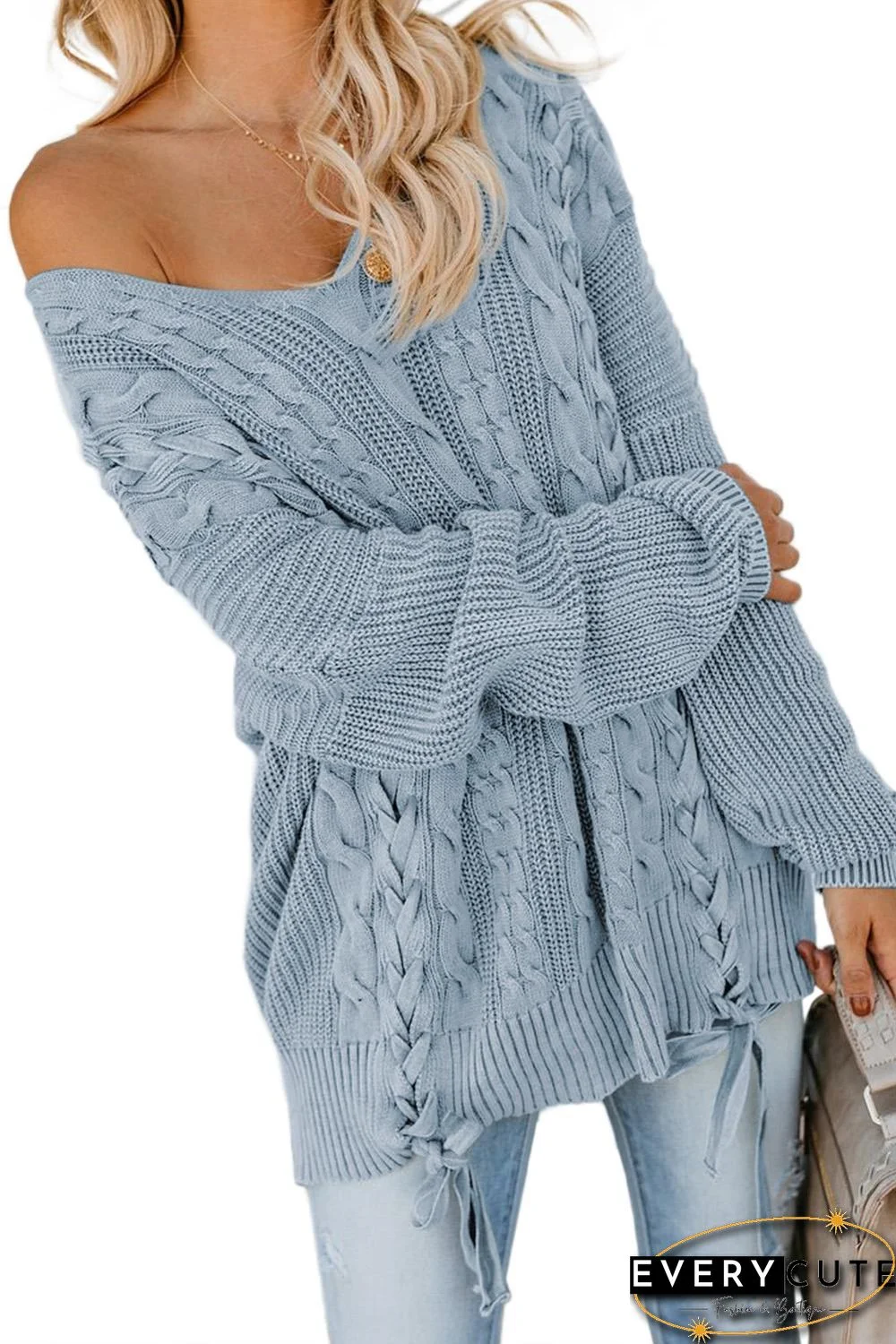 Sky Blue Love Letters Cable Knit Lace Up Sweater