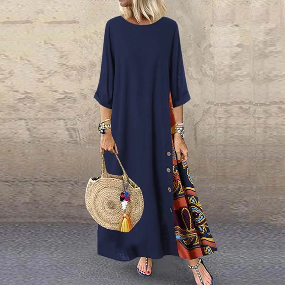 Plus Size Women Vintage O Neck 3/4 Sleeve Side Buttons Printed Loose Long Dress Suitable for party beach work shopping daily