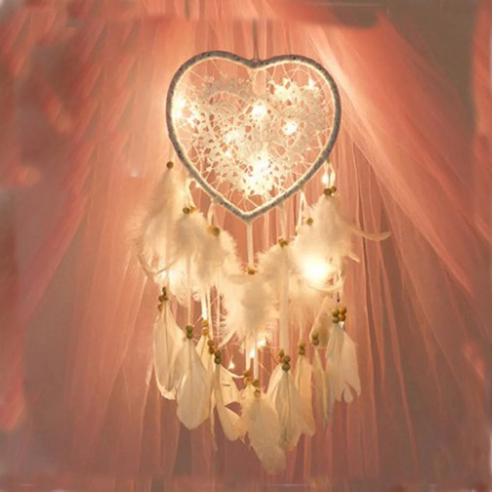 Heart Dream Catcher LED Light Feathers Wall Hanging Dreamcatcher (White)