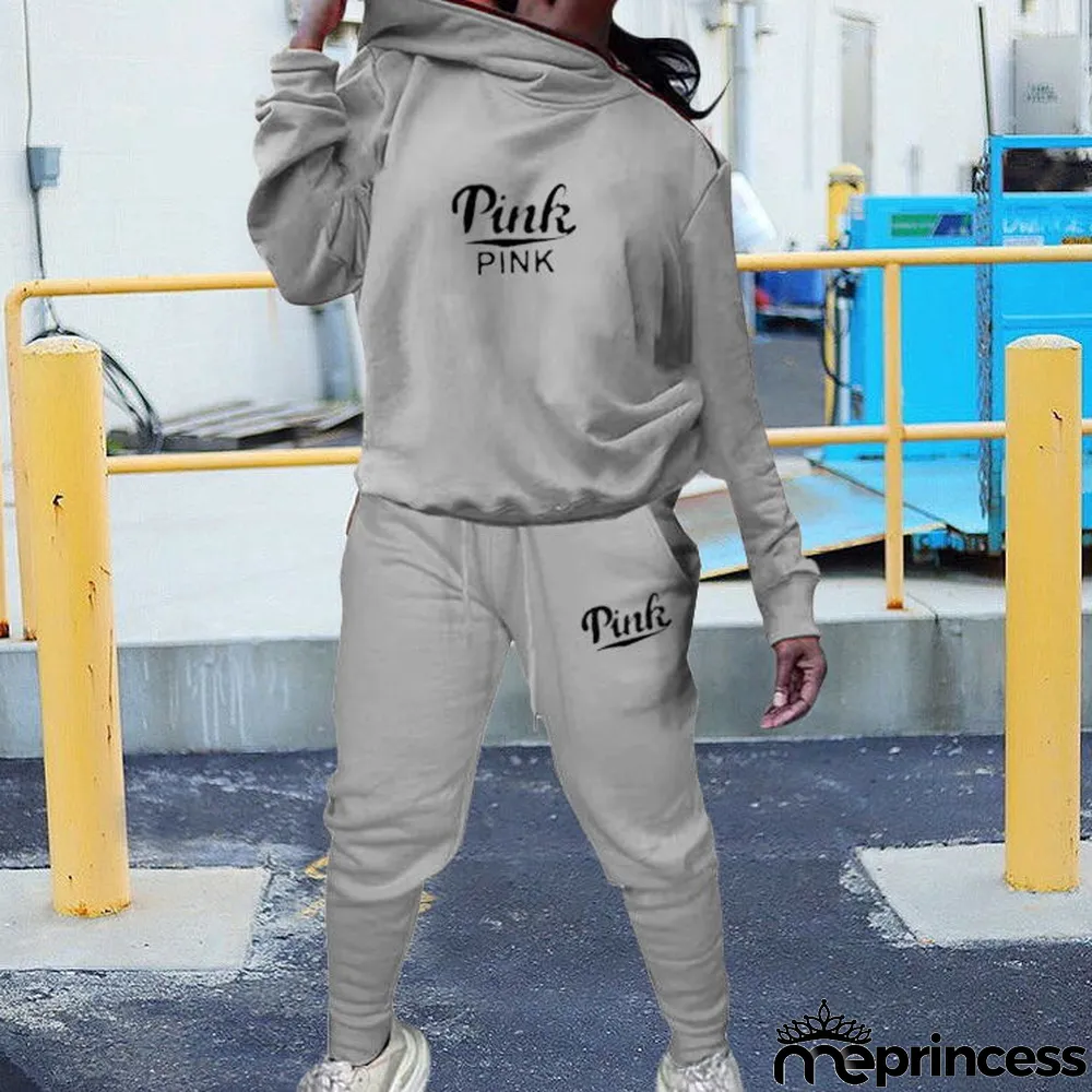 Plus Size Pink Letter Print Casual Two Piece Pants Set