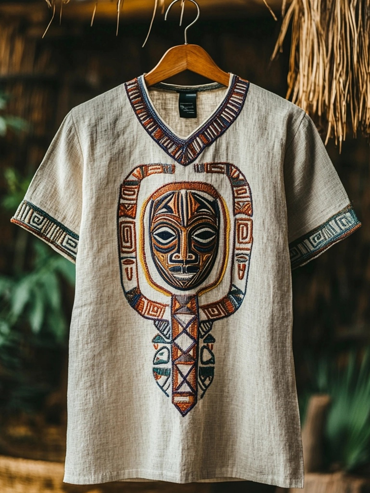 African Tribe Mask Embroidered V Neck Linen T Shirt
