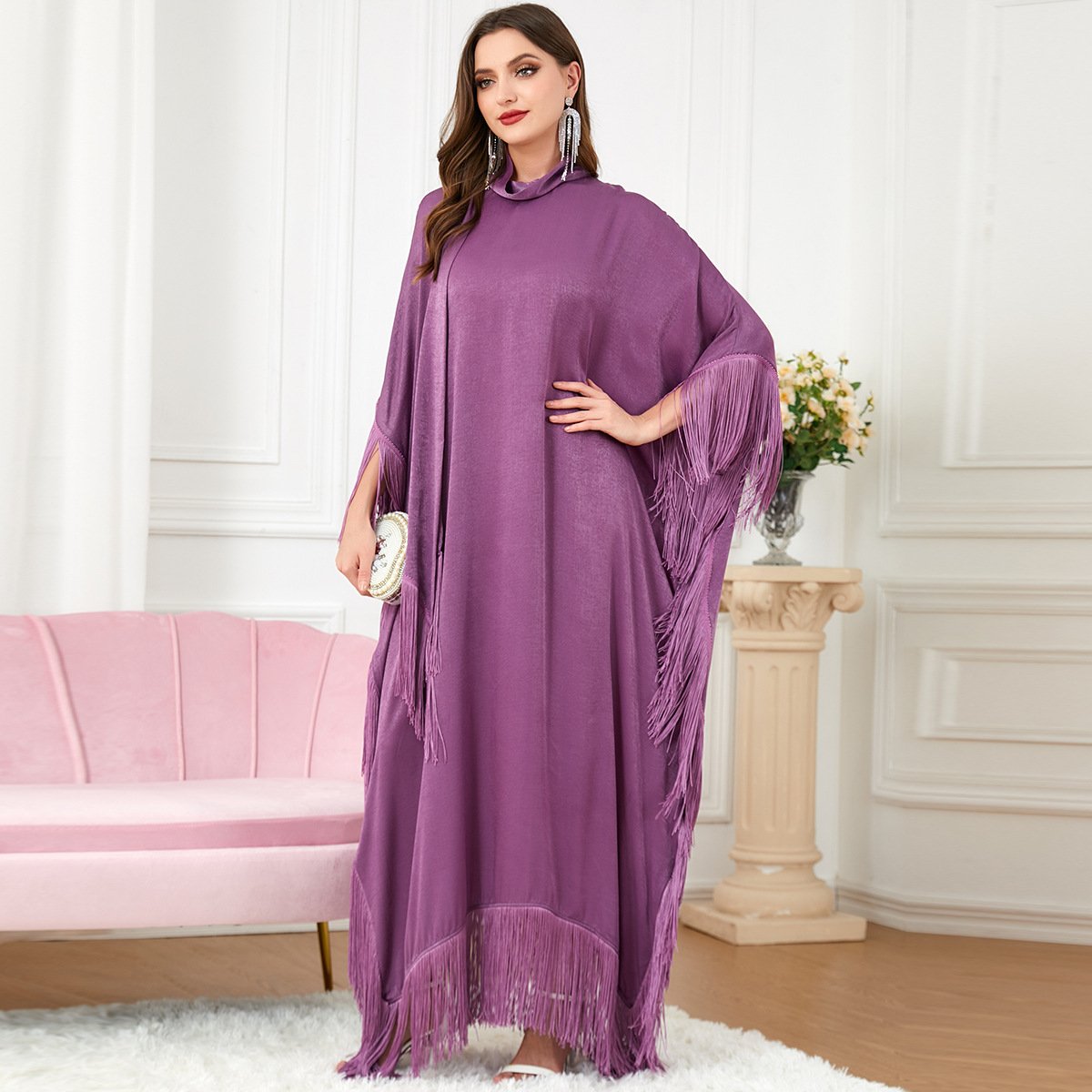Solid ColorTassels Design High Neck Long Sleeve Dress | Oxredo Shop Ramadan Sale