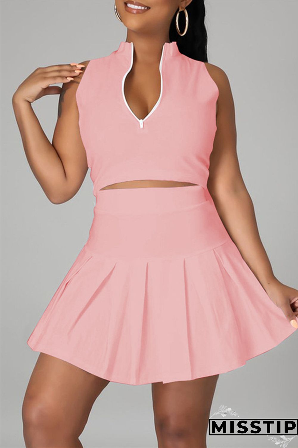 Pink Fashion Casual Solid Vests Zipper Collar Sleeveless Two Pieces