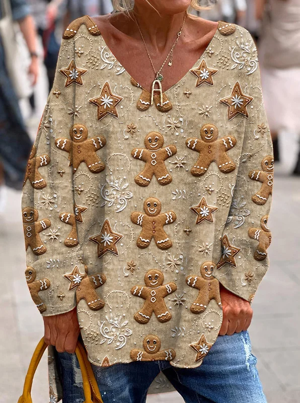 Christmas Gingerbread Cookies Cottagecore Bohemian Printed V-Neck Long Sleeve Top