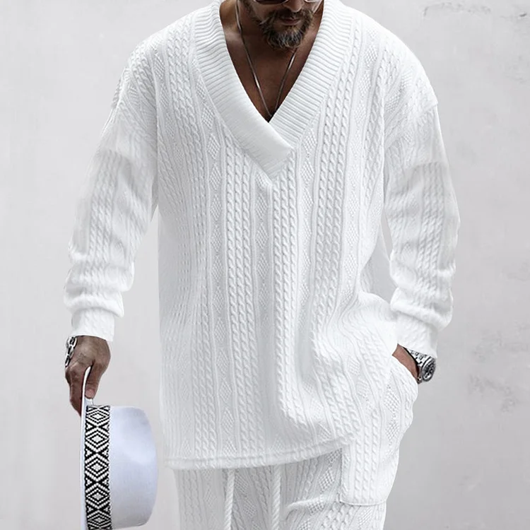 Men's Daily Jacquard Knitted Long Sleeve Casual V Neck Shawl Collar Long Sleeve Sweatshirt
