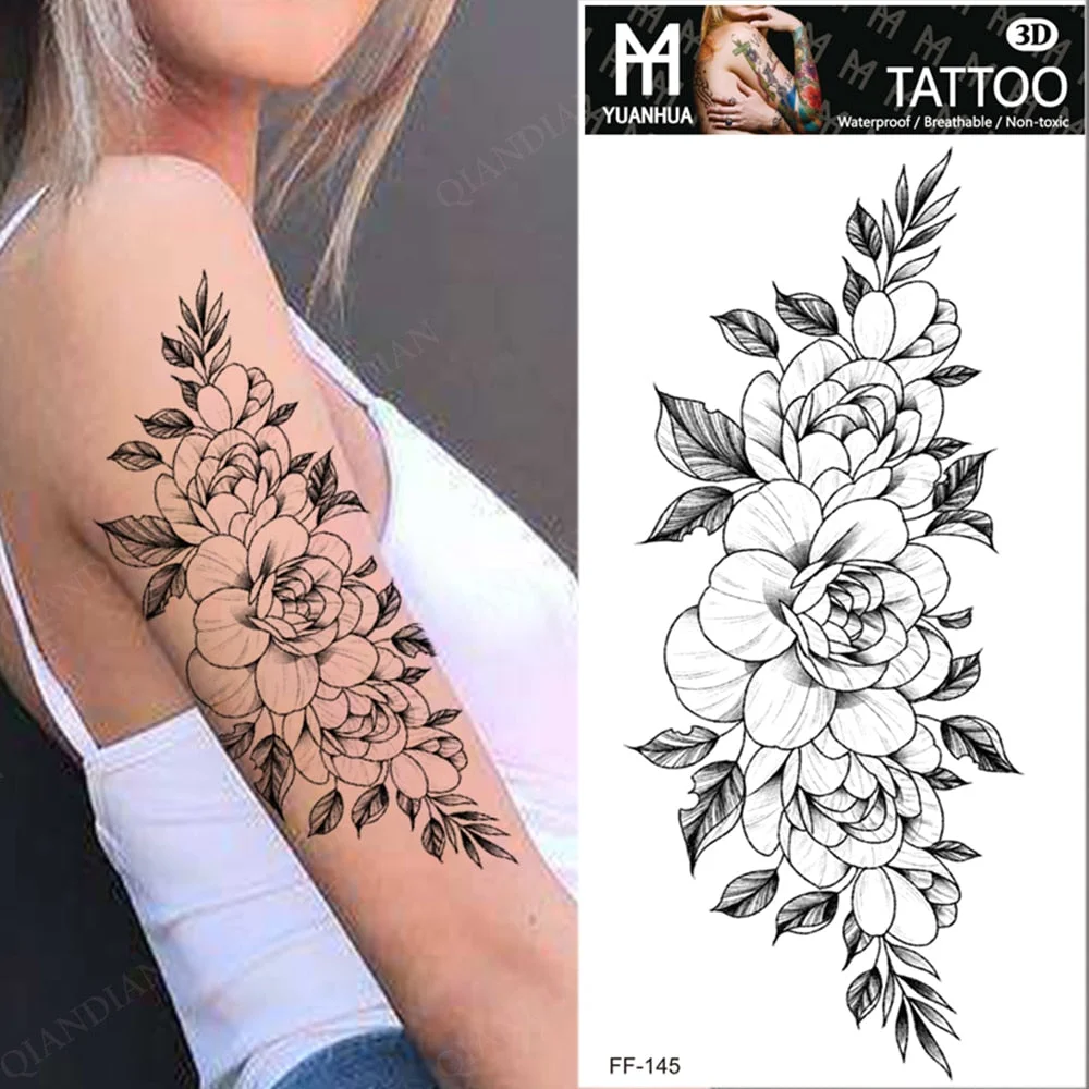 Black Flower Temporary Tattoos Sticker Arm Sleeve Rose Moon Butterfly Snake Henna Body Decorate Realistic Fake 3D Women Totem