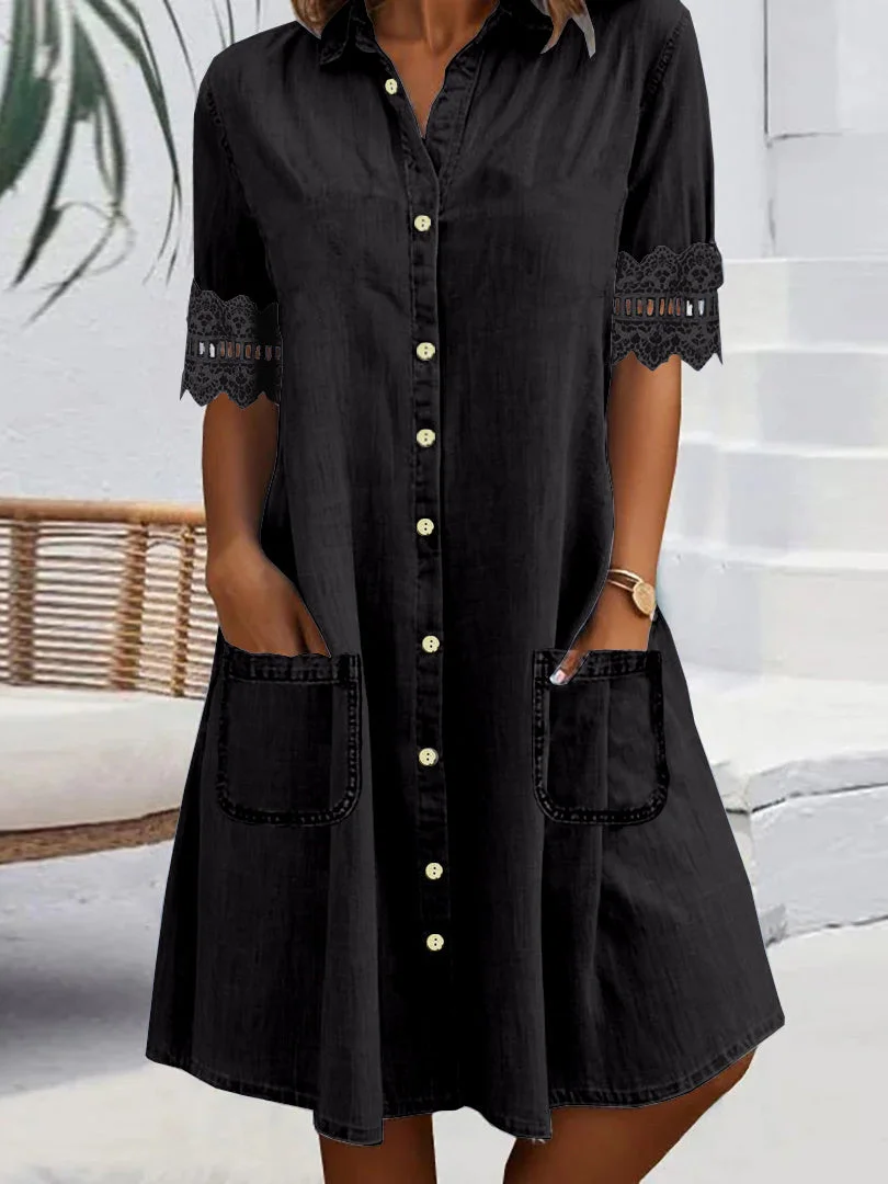Women Short Sleeve Shirt Collar Solid Button Pockets Lace Denim Midi Dress