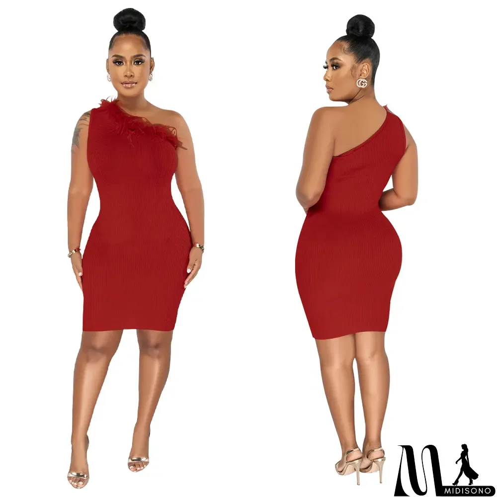 MidiSono - Ladies' Fashion Ribbed Feather Slash Shoulder Sleeveless Bodycon Dress