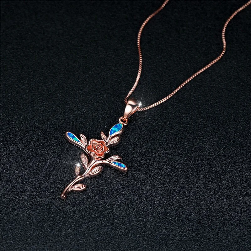 Female Flower Cross Pendant Necklace Rose Gold Silver Color Chain Necklaces Vintage Blue White Opal Wedding Necklaces For Women