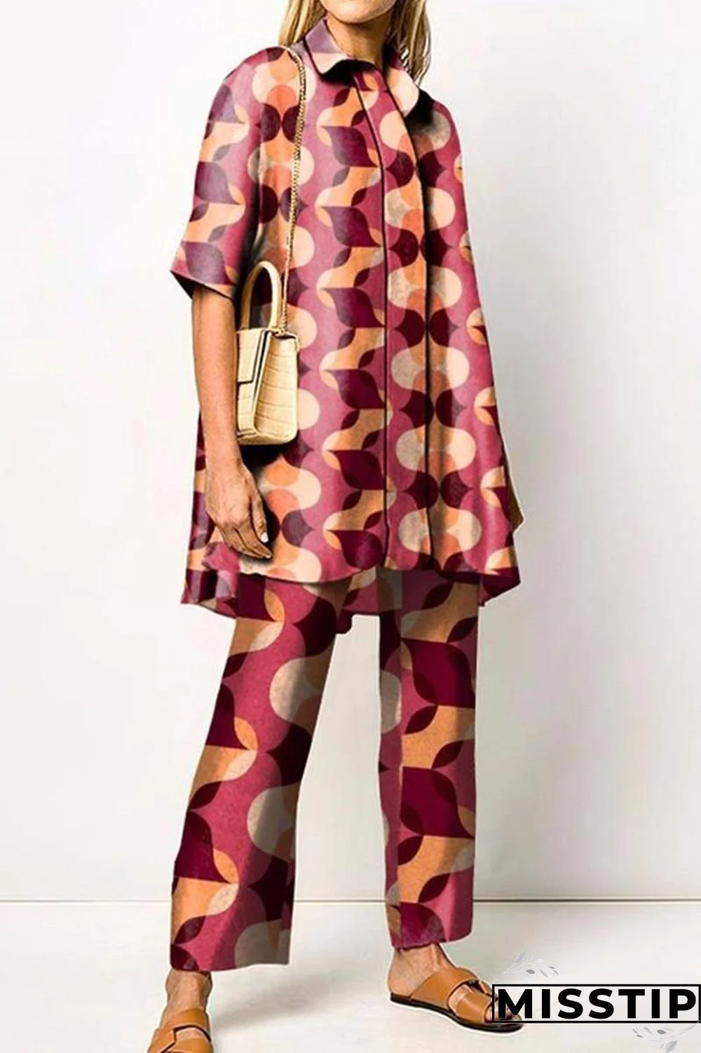 Orange Casual Print Patchwork Shirt Collar Long Sleeve Two Pieces