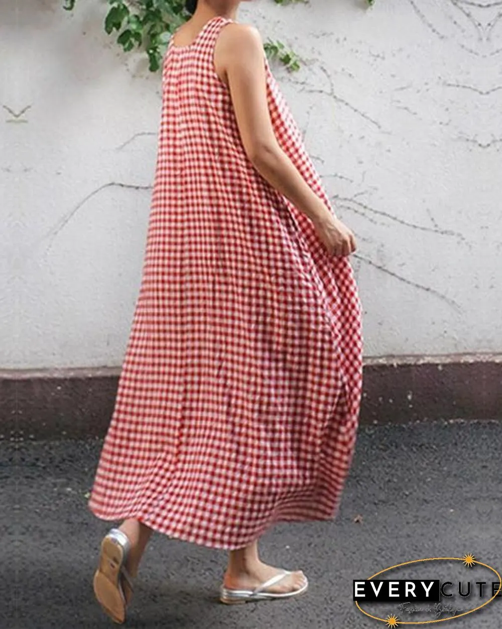 Women Casual Sleeveless Plaid Side Pocket Loose Maxi Dress