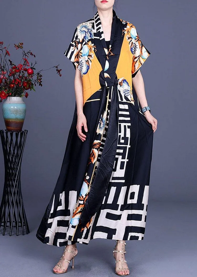 Comfy Black Print Patchwork Silk Robe Dresses Summer