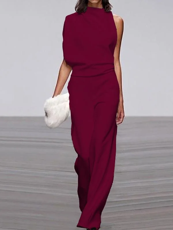 Solid color one-shoulder pile collar jumpsuit