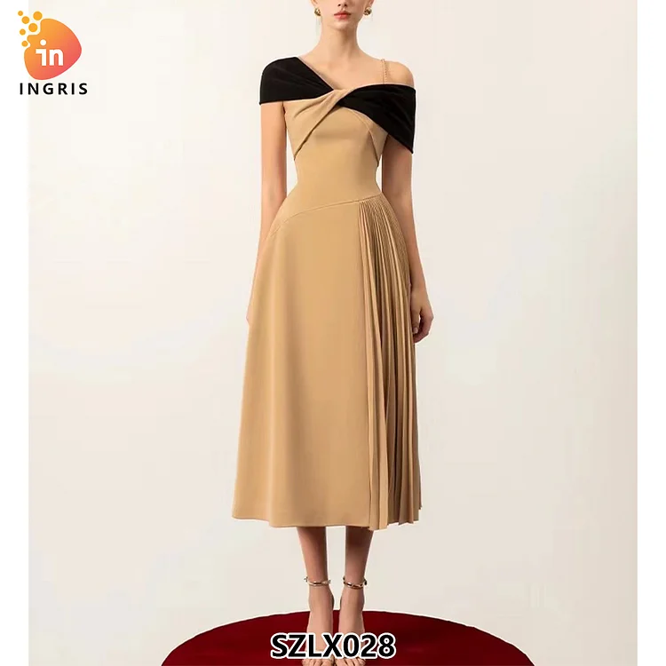 New Fashion Women Oblique Elegant Long Shoulder Knitted Pleated Dress Summer Womens Casual Dresses-SZLX028