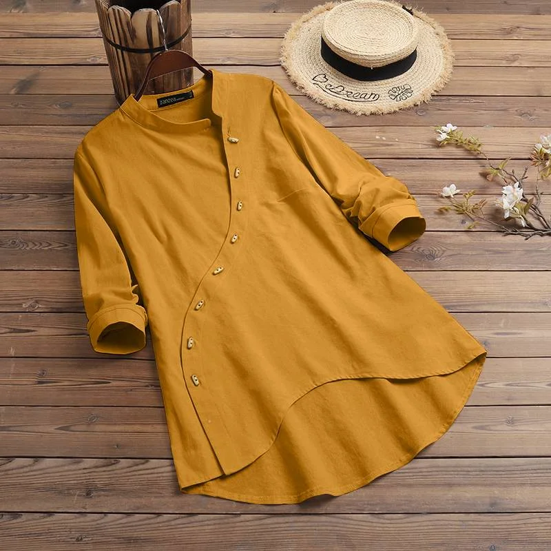 Women Vintage Shirts 2022 Spring Autumn Stylish Long Sleeve Top ZANZEA Casual Solid Asymmetrical Button Oversize Blusa Femininas