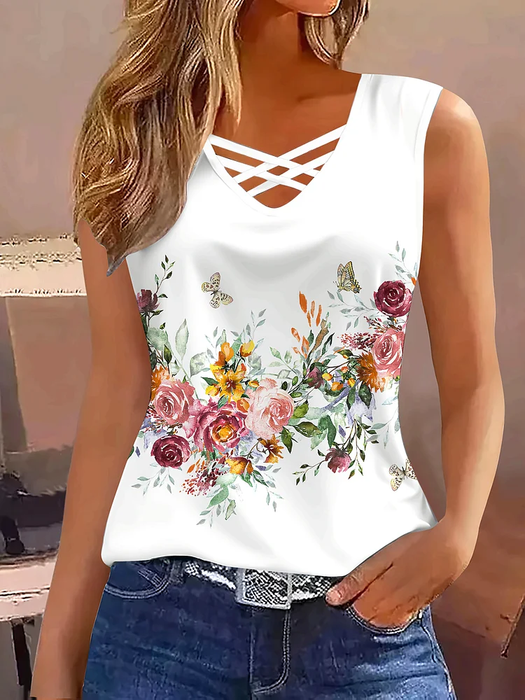 Women's Elegant V-Neck Cross Strap 3d Floral Print Tank Top - Breathable Summer Sleeveless Blouse With Butterfly & Rose Design, Machine Washable Regular Fit, Floral Tank Top, Stylish Casual Top, Feminine Style, Stretchy Fit, Stylish Women