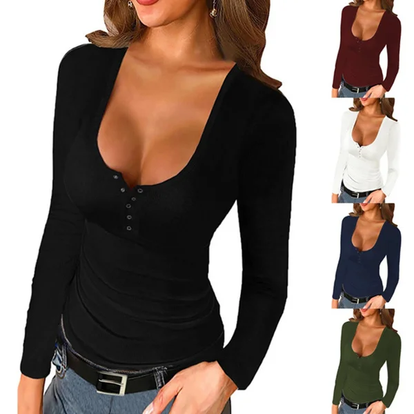 Spring Tight-fitting Bottoming Shirt U-neck Ribbed Long-sleeved Blouse Women's Clothing