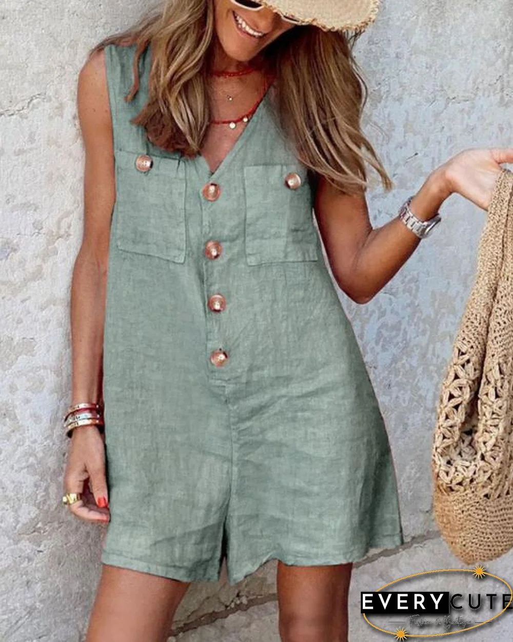 Cotton Linen V Neck Button Romper