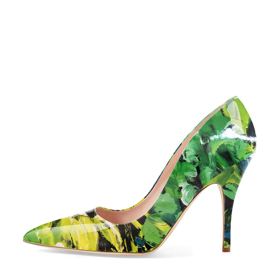 Women's Eye Catching Printed Patent Leather Pointed Toe High Heels