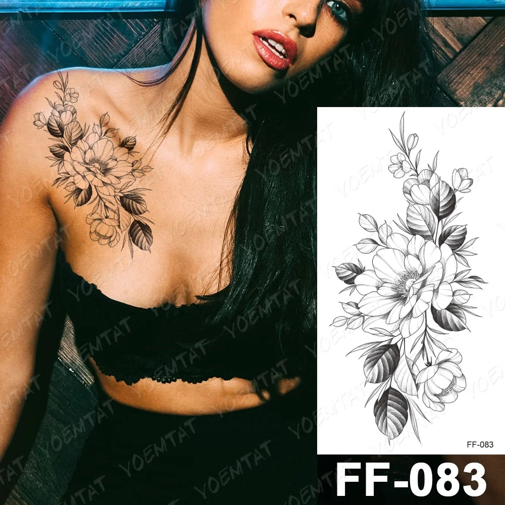 Waterproof Temporary Tattoo Stickers Peony Rose Flower Gun Flash Tattoos Female Black Sketch Body Art Arm Sexy Fake Tatto Male