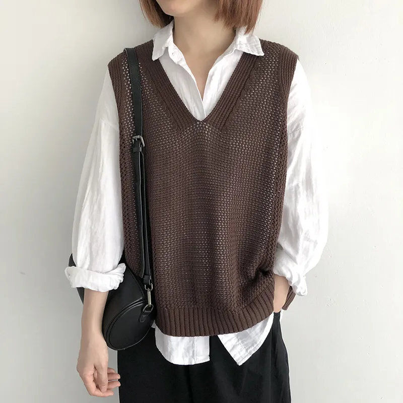 Churchf Churchf Spring 2024 V-Neck Sleeveless Loose Vest New Literary Knit Vest Pure Color Wisp Empty Women Fold Wear Jacket