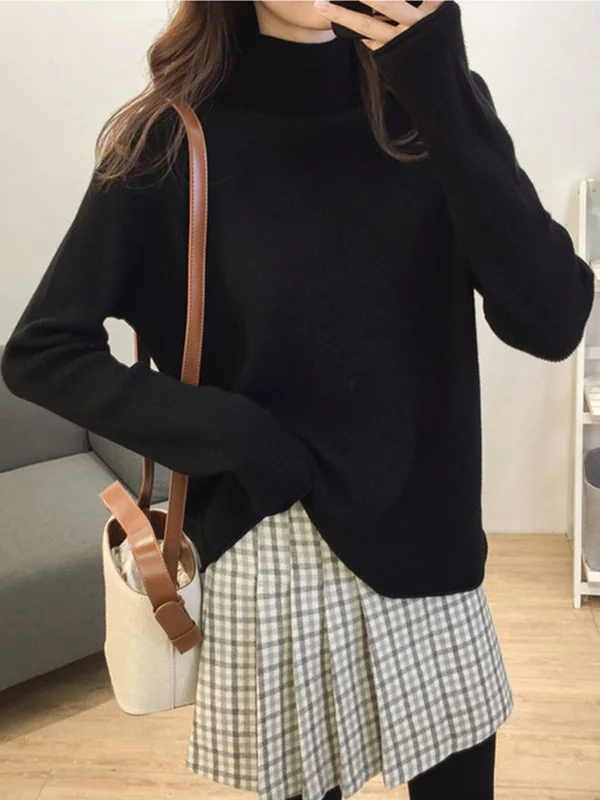 Casual Loose Long Sleeves Solid Color Half Turtleneck Sweater Tops