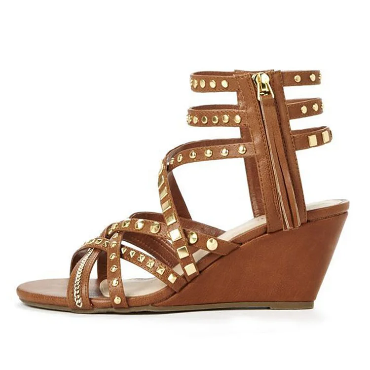 Brown Strappy Wedge Heels Women'S Open Toe Studs Sandal Summer Vintage Zipper Shoes |FSJ Shoes