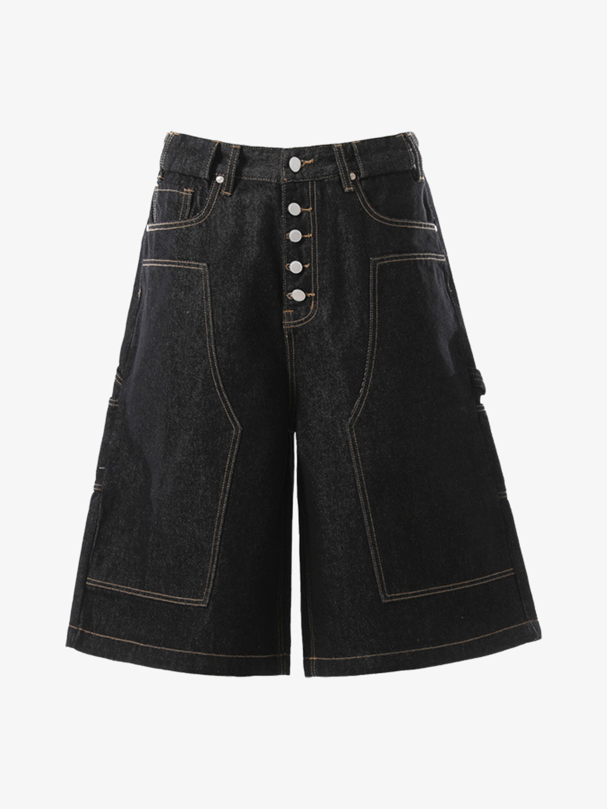 Black Act Chic Raw Denim Multi Button Cargo Longline Jorts Front